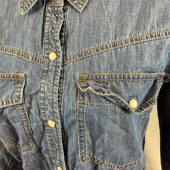 Veronica Beard Chambray Dress 10 Blue Snap Front Long Sleeve Pucker Pleats - Picture 6 of 13